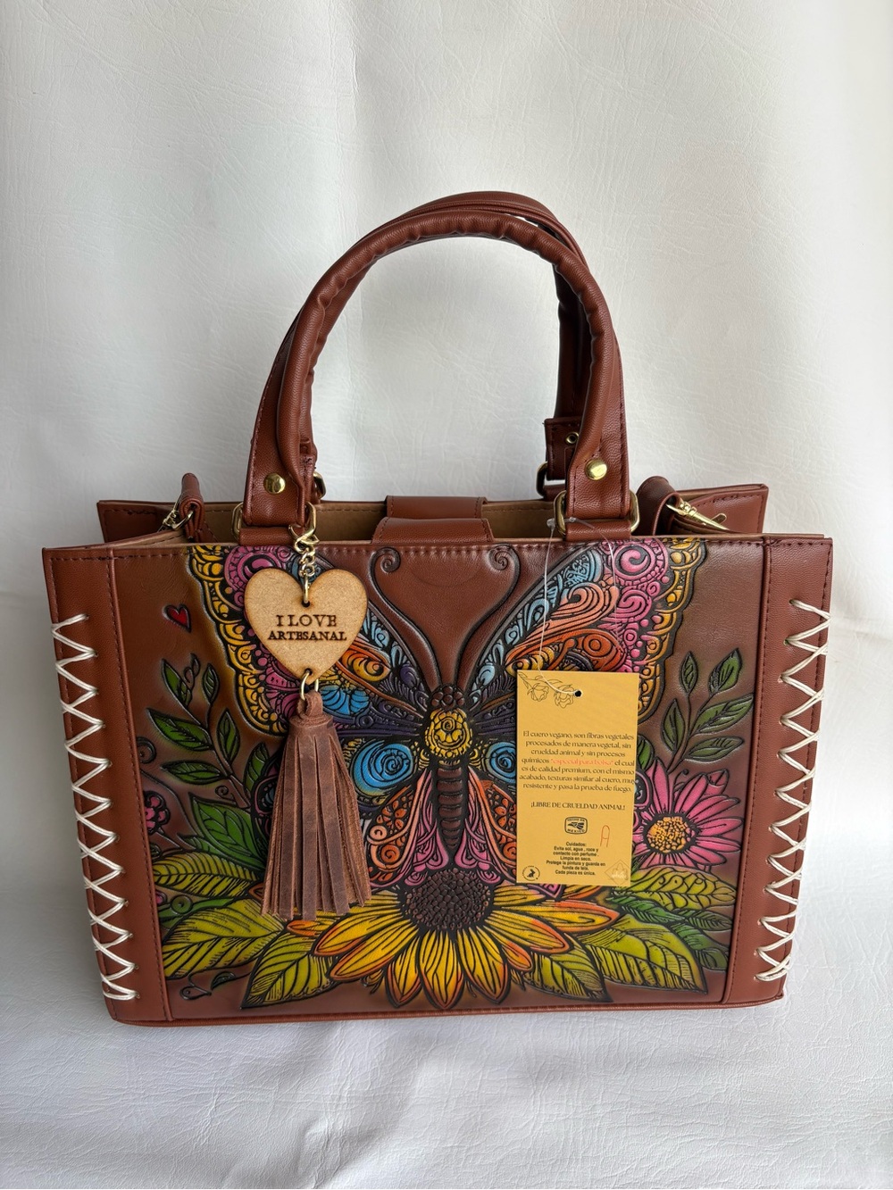 Vegan Leather I Love Artesanal Brown Floral Butterfly Tote Bag  2 Pieces